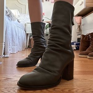 Grey leather heeled boots